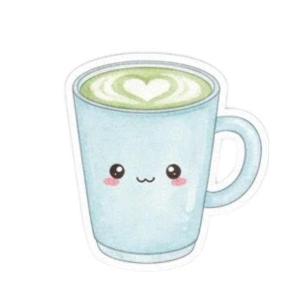 Çizgi film karakteri. Yeşil kupalı bir fincan çay..