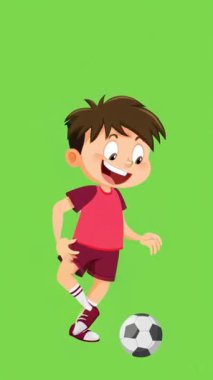 Yeşil çimlerin üzerinde futbol topuyla oynayan küçük bir çocuğun 3 boyutlu karikatürü. izole edilmiş 3d illüstrasyon