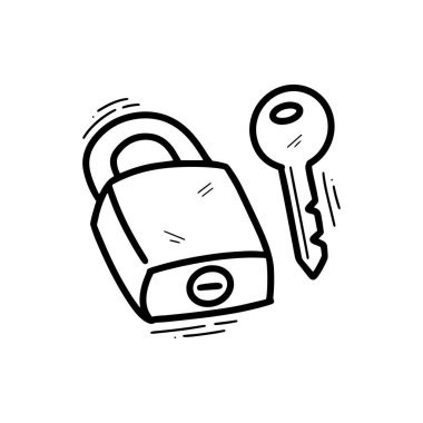 El çizimi asma kilit ve anahtar illüstrasyonu. Doodle Vektörü. Beyaz Arkaplanda İzole EPS 10 Vektörü