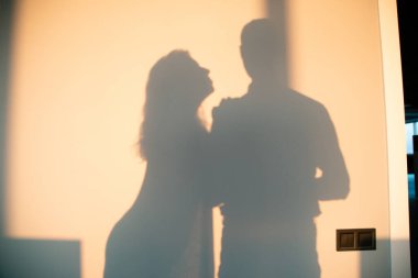 Sıcak tonlarda yakalanmış, duvarda öpüşen iki kişinin siluetli gölgeleri. Yumuşak, samimi ve duygusal bir an. Şefkat, güneş ışığı ve sessiz bir bağ hissi ile dolu..