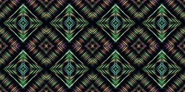 Koyu mavi arka planda çok renkli geometrik soyut desen. Kabile kalıpları, etnik kalıplar, kumaş kalıpları koyu