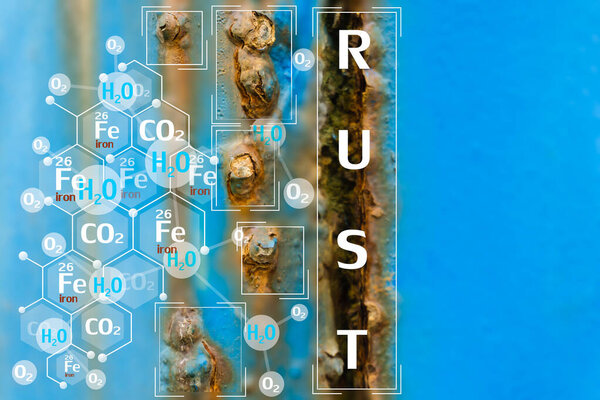 Rust, a chemical reaction between air water, and carbon is the main factor when it comes into contact with iron, Close-up photographs reveal severe corrosion. Copy space for knowledge articles