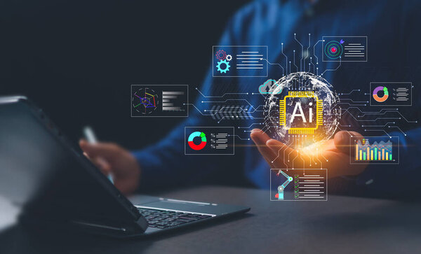 Artificial intelligence technology concept, future smart assistant, AI operating system, GPT chat command, software to work with humans, businessmen use technology to analyze data effectively.