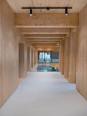 Açığa çıkmış kereste kirişleri ve cam pencerelere açılan beyaz döşemeleri olan uzun tahta koridor..