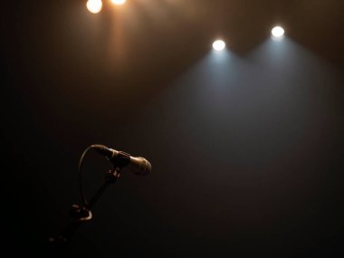 Sahnedeki tek mikrofon, sahne ışıklarıyla karanlık konser salonunun arka planına çarpıcı bir şekilde aydınlatıldı..