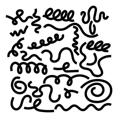 Temiz beyaz bir yüzey üzerinde sıralanmış siyah kıvrımlı şekiller ve çizgiler içeren cesur bir soyut vektör arka planı tasarım modern ve hareketlidir ve çeşitli kıvrımlar ve kıvrımlar yoluyla iletilir. 