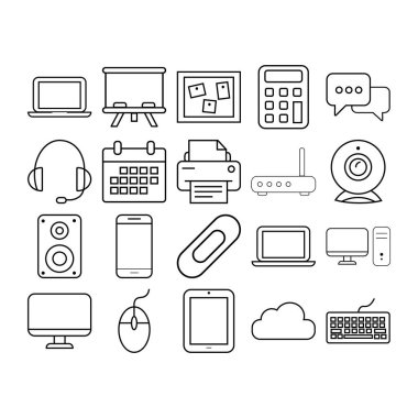 Bu resim, bir dizüstü bilgisayar kulaklığı, takvim yazıcı webcam ve daha fazlası da dahil olmak üzere çeşitli teknoloji ve ofis simgelerinin bir koleksiyonunu içerir. Her simge basit bir çizgi sanatı tarzında tasvir edilir ve şeffaf bir arkaplanda izole edilir.
