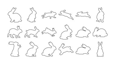 Bu resim farklı şekillerde tavşan siluetleri içerir. Tasarım ve eğitim amacıyla ideal pozlar verir. Tavşanlar ayakta durmak ve koşmak da dahil olmak üzere çeşitli şekillerde tasvir edilir.