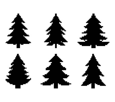 Bu resim, 2x3 'lük bir ızgaraya yerleştirilmiş altı piksellik sanat tarzı siyah siluet içerir. Ağaçlar, genellikle kışın ve h ile ilişkili kozalaklı ağaç formlarının çeşitli bir temsiline olanak sağlayan boy ve şekil olarak farklılık gösterir.