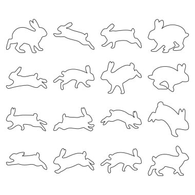 Bu resim, tavşanları çeşitli dinamik pozlarda tasvir eden, siyahla özetlenmiş bir resim koleksiyonunu içerir. Tasarımlar, tavşanların hoplayıp zıplarken ve dinlenirken neşeli poziyonlarda sergilenmelerini ve kıyafetlerin kaprisli ve sanatsal bir temsilini sunar.
