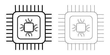 Görüntü, mikro işlemcinin karmaşık devreyi gösteren iki siyah ve beyaz çizimine sahiptir. Sol resimde, çevresine yayılan bağlantıları temsil eden çizgili kare bir şekil gösterilmektedir. Tasarım henüz detaylandırılmamıştır.