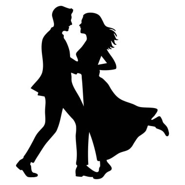 Bu resim, duygusal bağlantılarını ve hareketlerinin zarafetini vurgulayan bir çiftin siyah siluetini içeriyor. Kadın figürü, sahnenin zarafetini artıran akıcı bir elbiseyle süslenmiş.