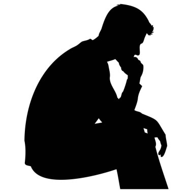 Görüntü, derin düşüncelere dalmış gibi görünen bir adamın siluetini gösteriyor. Elleri çenesinde dinleniyor, tefekkür ya da iç gözlem öneriyor. Siluet, şeffaf bir arkaplanda izole edilmiş.