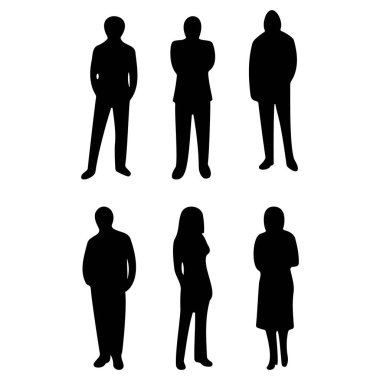 Bu resim, her biri farklı vücut şekilleri ve giyim tarzlarına sahip altı farklı insan silueti içeriyor. Siluetler, saydam bir arkaplanda izole edilmiş. Bu da onları çeşitli tasarım uygulamaları için uygun kılıyor.