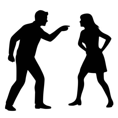 Bu resim, hararetli bir tartışmaya giren bir adam ve bir kadının siluetlerini gösteriyor. Adam parmağını, saldırgan bir duruş sergileyen kadına doğrultuyor. Her iki figür de elleri kalçalarında, gerginlik ve gerginlik belirtileri gösteriyor.