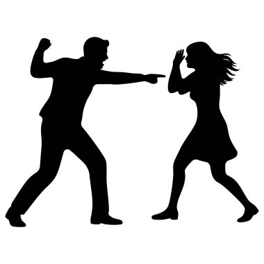 Görüntü, hararetli bir tartışmaya giren bir erkekle bir kadının siyah siluetini gösteriyor. Adam ellerini kaldırdığı için üzgün görünen kadını işaret ediyor. Sahne şeffaf bir arkaplan üzerine kurulmuş.