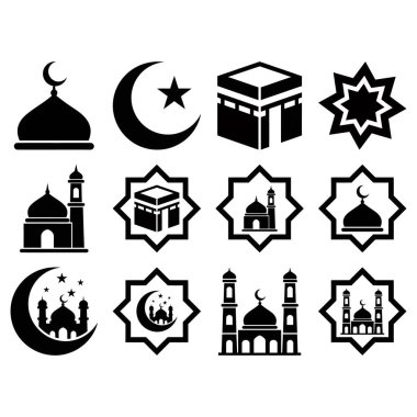 Bu resimde İslami ve Ortadoğu kültürünün ve mimarisinin temel unsurlarını temsil eden çeşitli siyah ve beyaz simgeler yer alıyor. İkonlar arasında farklı mimari tarzlara sahip çeşitli cami kubbeleri, hilal yıldızları ve Kabe yıldızları yer alıyor.