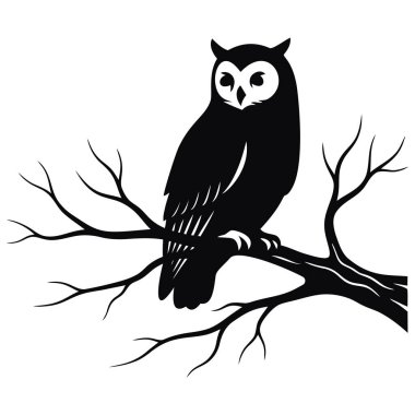 Bu resim bir baykuşun ayrıntılı siyah siluetini gösteriyor. Baykuş, tüyleri belirgin yüz diski ve keskin gözleriyle öne doğru bakıyor. Üzerine tünediği ağaç dalı ise...