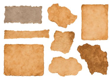 Old vintage torn paper scraps collage with various shapes, textures, ripped edges, creases, stains and grungy surfaces