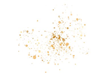 Altın parçacıkları, köpüklü konfeti serpintisi. Gösterişli altın parıltılı sıçrayan dekor şeffaf arkaplanda izole edilmiş.