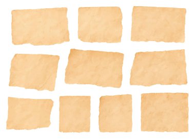 Yırtık eski kağıt seti, yırtık bej rengi parşömen dokusu koleksiyonu kolaj, hatıra defteri ve retro projeler için.