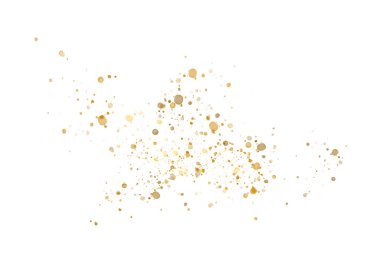 Altın yaldızlı konfeti. Parıldayan parçacıkların dağılımı. Gösterişli altın parıltılı sıçrayan dekor şeffaf arkaplanda izole edilmiş.  