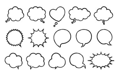 Siyah kalemle, kalemle ya da pastel kalemle çizilmiş konuşma baloncukları. İletişim için sevimli diyalog çerçeveleri, balonlar, bulutlar