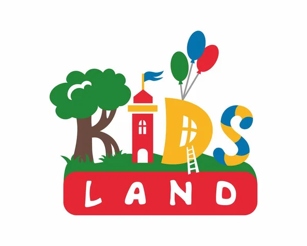 Neşeli renkli çocuk vektör logosu. Çocuk oyuncakları, kitaplar, oyun kulüpleri, çocuk bölümleri, eğlence parkları, tatiller.