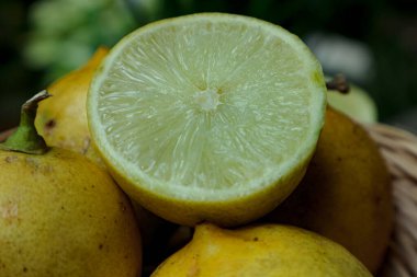 Bu yakın planda parlak limon yarıları dokuma sepetine konur. Yemek fotoğrafçılığı ve beslenme projeleri için kullanılır..
