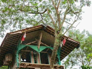 Yeşil destek kirişleri ve yemyeşil ağaçlarla çevrili kırmızı kumaş süslemeleri olan kırsal ahşap bir ağaç ev doğa ve açık hava pazarlama için mükemmel bir doğal atmosfer yaratıyor..