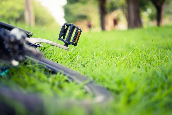 Foco suave de bicicleta de montanha no fundo de grama verde — Fotografia de Stock