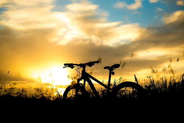 Sylwetka Mountain bike zachód słońca — Zdjęcie stockowe