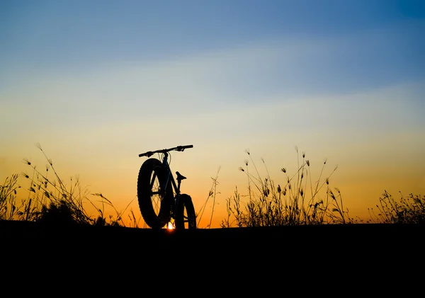 Schöner Sonnenuntergang Himmel und Fatbike Silhouette, Silhouette Snow Bike — Stockfoto