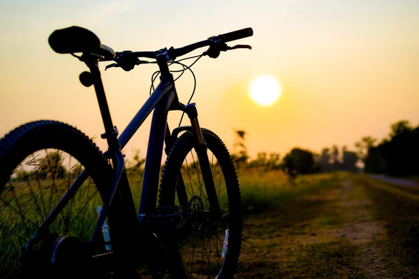 Bicicleta na grama ao pôr do sol — Fotografia de Stock