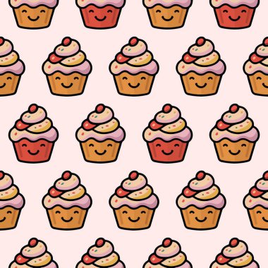 Sevimli kek kalıpları, tatlı karakterleri ve üzerine şeker serpiştirilmiş kirazlar. Doğum günü partisi kırtasiyesi, fırın markası ve mutfak dekorasyonu için mükemmel..