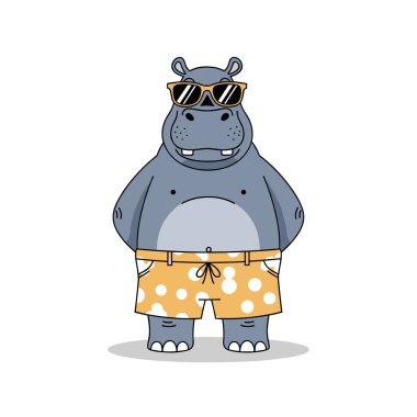 Güneşli bir günde güneş gözlüğü takan ve benekli şort giyen serin bir su aygırı..