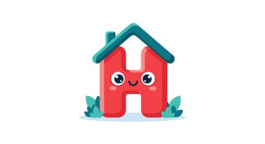 Sevimli bir karikatür H karakteri. Dost canlısı, gülen bir ev olarak dizayn edilmiş, yeşil yapraklı, beyaz arka planda duran, ev, eğitim veya gayrimenkul kavramları için..