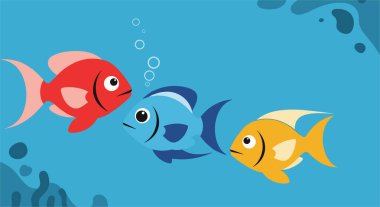 Üç canlı çizgi film balığı, bir kırmızı, mavi ve sarı, zarif bir şekilde berrak mavi suda yüzerler, yumuşak kabarcıklar ve ince sualtı elementleriyle çevrili..