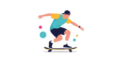 Tarz sahibi genç bir adam dinamik enerjiyle kaykay yapmaktan hoşlanır, soyut renkli kabarcıklar içeren modern düz bir vektör çiziminde resmedilmiştir..