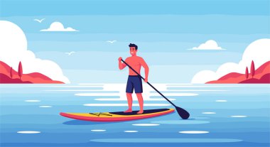 Neşeli bir adam, sakin mavi sularda, güzel kırmızı tepeler ve parlak gökyüzüyle çevrili, popüler bir yaz sporuyla meşgul olan, rahatlatıcı bir günün tadını çıkarıyor..