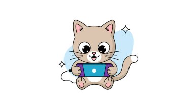 Bu sevimli çizgi film kedisi, büyük sevimli gözleri ve tatlı gülüşüyle, tamamen taşınabilir bir video oyun konsolunu oynamaya daldırılmış,.