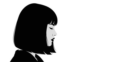 Şık saç kesimi ve kakülleri olan bir kadının profil görüntüsü, siyah beyaz minimalist vektör sanatı, düşünceli bir sükunetle gözler kapalı..