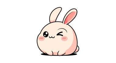 Çekici ve sevimli bir çizgi film tavşanı, hoş yuvarlak bir şekli ve yumuşak pembe renkleri ile, neşeli bir göz kırpma, canlı beyaz bir arka planda dostane ve neşeli bir titreşim yayıyor.
