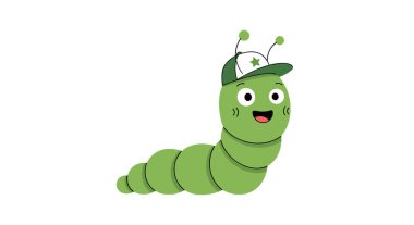 Neşeli, şirin, yeşil çizgi film tırtılı şık bir beysbol şapkası takıyor ve yıldızlı, beyaz arka planda mutlu gülümsüyor, çocuk tasarımları için mükemmel..