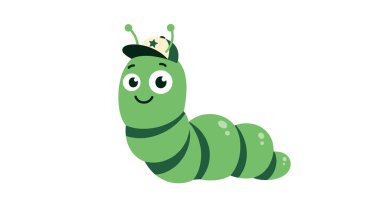 Sevimli ve dost canlısı yeşil çizgi film tırtıl karakteri, şık koyu yeşil bir şapka takıyor, yıldızla süslenmiş, temiz beyaz bir arka planda mutlu bir şekilde gülümsüyor..