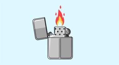 Klasik bir metal kapaklı çakmak tasviri, parlak kırmızı ve sarı bir alev üretiyor, temiz, açık mavi bir arkaplana karşı..