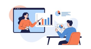 Modern uzaktan çalışma sahnesinde bir kadın sanal bir iş toplantısına katılan bir erkek meslektaşına bilgisayar ekranında veri sunuyor..