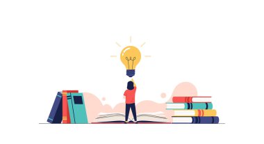 Bir yığın kitabın üzerinde duran küçük figür, parlayan dev bir ampule uzanıyor. Eğitimin yeni yaratıcı fikirlere ulaşma gücünü temsil ediyor..