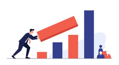 Determined businessman pushing a large red bar into a growing chart symbolizes active participation in building business success and growth.