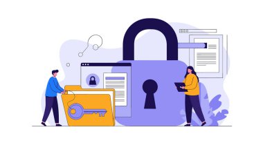 Dev bir mor asma kilidin yanında duran iki kişi ve veri koruması, mahremiyet ve güvenli bilgi yönetimini temsil eden dosya dizinleri.